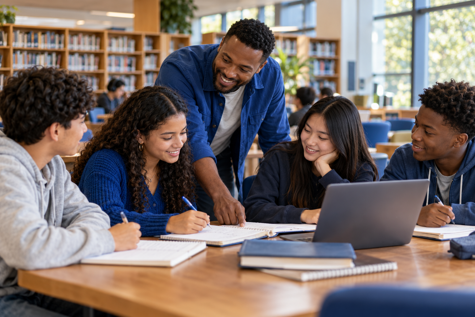 Illustrative scene of an educator and students collaborating around a table
